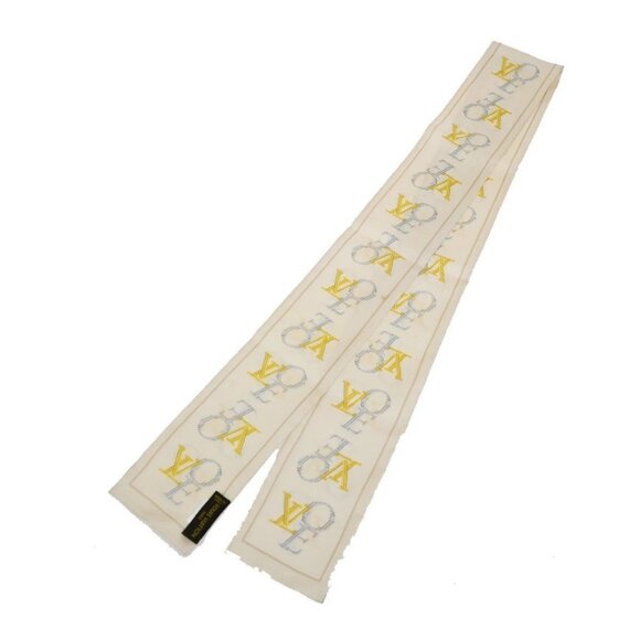 LOUIS VUITTON Logo Long Scarf Ribbon 100% Silk Beige Italy Accessory - Picture 1 of 13